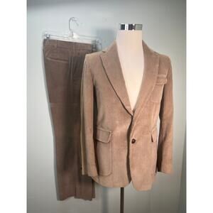 Vintage Corduroy 2 Piece Suit Tan Jacket 41" Flared Pants 30x31" Retro Hipster